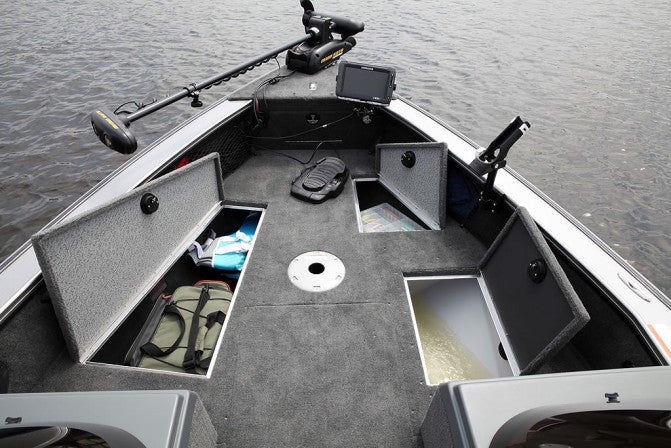 The elevated front casting deck conceals a vast amount of storage space, plus a 12-gallon aerated live well.