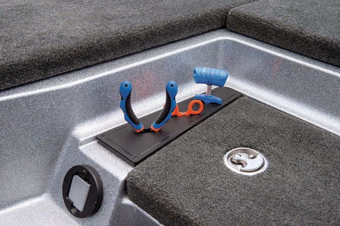 A handy tool storage rack on the bow step keeps pliers, hook disgorgers and other essentials close by.