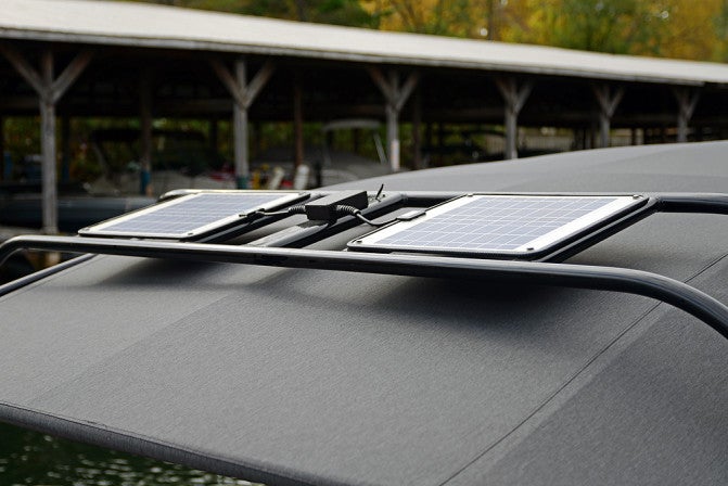 A unique solar charging system can add up to 30 percent of the battery’s charge when the boat is at rest.