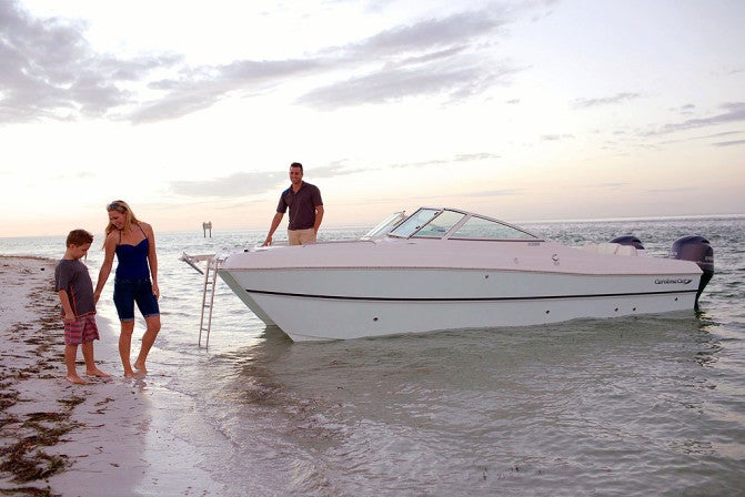 A retractable bow boarding ladder is a great feature for those times when you beach the boat for a picnic.