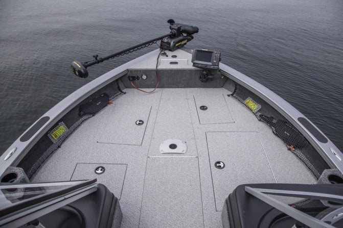 The enormous front casting deck offers plenty of space for fishing, with ample storage space below.