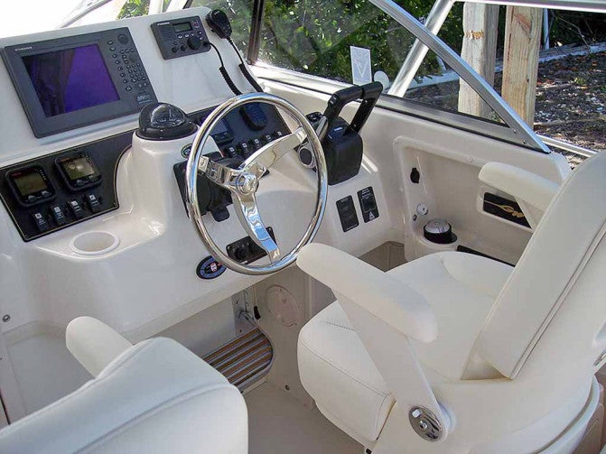 The helm console is all business, with plenty of space for large multi-function displays.